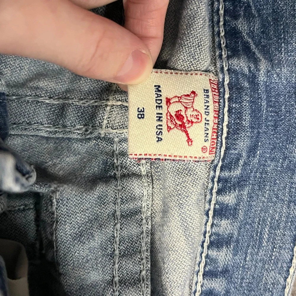 True Religion Mens Ricky Big T Light Wash Straight Leg Jeans Size 38x34 USA Made